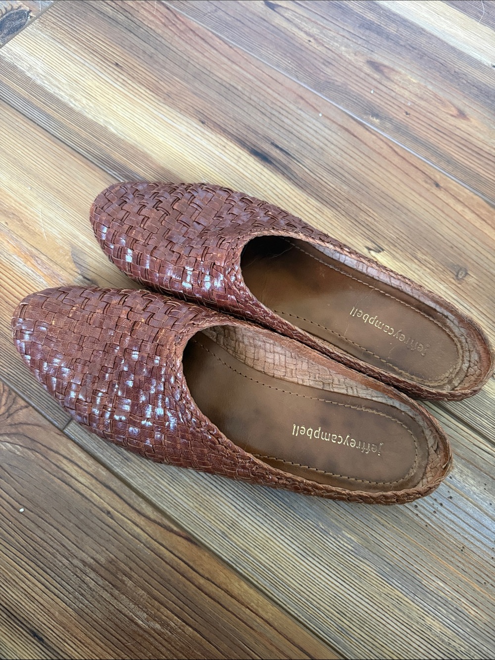 Jeffrey Campbell Woven Leather Slip-On Mules in Brown